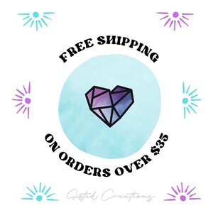 May include: A blue and purple geometric heart graphic with the text "FREE SHIPPING ON ORDERS OVER $35" in a circle around it. The background is a light blue watercolor wash.