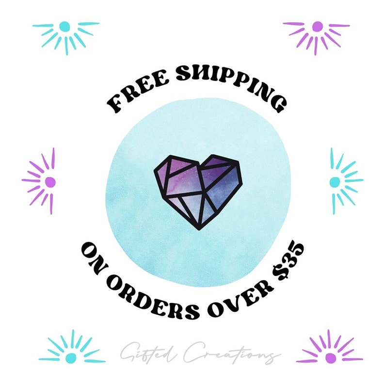 May include: A blue and purple geometric heart graphic with the text "FREE SHIPPING ON ORDERS OVER $35" in a circle around it. The background is a light blue watercolor wash.