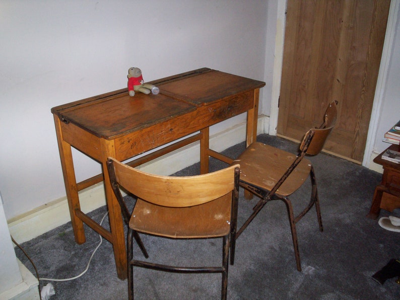 Vintage School Double Desk And Two School Chairs Times Four