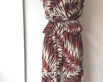 1970s Peplum Blouse and Pants Set: Vintage Foliage Zebra Print, Made in USA