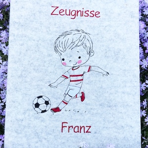 Zeugnismappe  Fußball Junge  Wollfilz grau Zeugnisordner