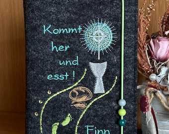 Hymnal cover *Come and eat!* Wool felt, anthracite *Green and blue motif* Felt cover *Hymnal cover for First Communion