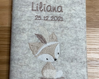 U-Heft cover fox boho, wool felt, with name, felt cover for examination booklet, cover U-Heft