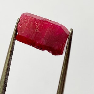 Op de afbeelding: Een ruwe, ongeslepen robijn, vastgehouden door een pincet. De robijn heeft een diepe, verzadigde rode kleur met een enigszins ruw, getextureerd oppervlak. De edelsteen heeft een rechthoekige vorm met schuine randen.