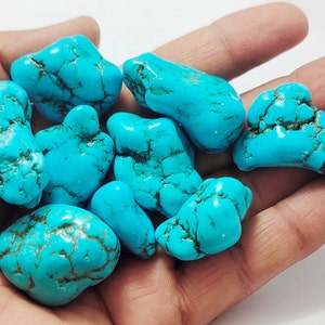 May include: A collection of multiple polished turquoise stones with a vibrant cyan blue colour and dark brown matrix veining. These irregular, smooth-surfaced mineral specimens vary in shape and size, showcasing natural textures and patterns.