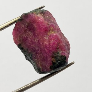 May include: A rough, uncut ruby gemstone, held by metal tweezers. The ruby displays a deep pinkish-red hue with areas of darker, almost black, coloration. The surface has a textured, natural appearance, showcasing its raw form.