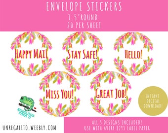 Happy Mail Stickers Envelope Seals Instant Download 20 Per Page Hello Miss You Stay Safe Great Job