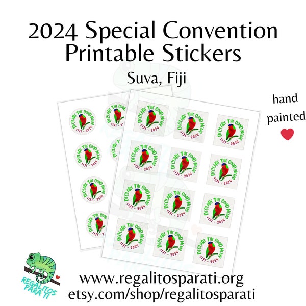 2024 Suva, Fiji JW Special Convention Gifts - Hand Painted Collared Lory Tropical Bird Printable Stickers Download Declare the Good News