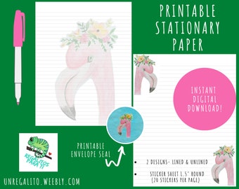 JW Letter Writing Paper Printable Stationary AND Stickers Instant Download Watercolor Flamingo Flower Crown Lined & Unlined PDF