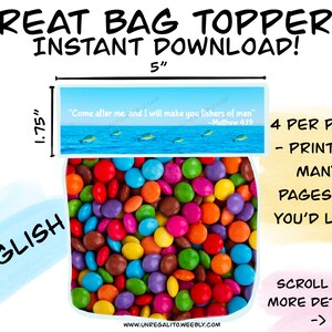 フィッシャーズ・オブ・メン 印刷可能なお菓子バッグトッパー パーティーの記念品 即時ダウンロード JW パイオニアギフト マタイ 4 19 聖書 スペイン語と英語