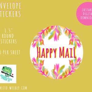 Happy Mail Stickers Envelope Seals Instant Download 20/80 Per Page Snail Mail image 1