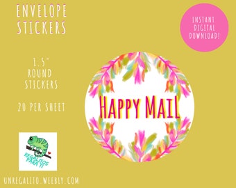 Happy Mail Stickers Envelope Seals Instant Download 20/80 Per Page Snail Mail