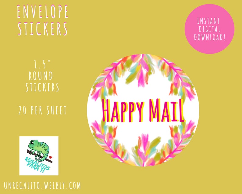 Happy Mail Stickers Envelope Seals Instant Download 20/80 Per Page Snail Mail image 1