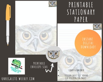 JW Letter Writing Paper Printable Stationary AND Stickers Instant Download Watercolor Owl Lined & Unlined PDF