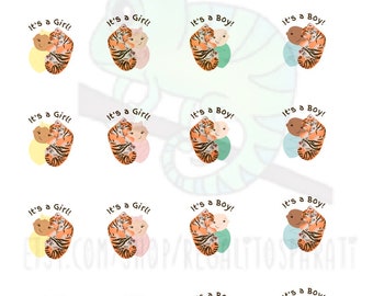 It's a Boy It's a Girl Baby Shower Decorations Stickers Jungle Theme Baby Shower Cupcake Toppers Tiger Cub Instant Download Printable 1.5"