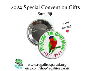 Suva, Fiji JW Special Convention Gifts - Hand Painted Collared Lory Tropical Bird Declare the Good News - Bulk Vinyl Stickers and Pins