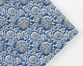 Indigo Cotton Fabric, Blue Floral Block Print Fabric by the Yard, Indian Dress Material HBF#779