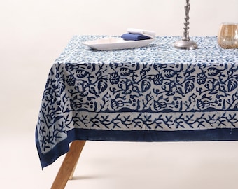 Mantel de algodón con estampado floral indio azul, mantel para bodas en casas de campo, mantel vegetal teñido en azul índigo.