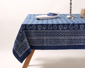 Mud Block Cotton Block Print Linen, Indian Indigo Dyed Blue Printed Table Cover Table Cloths, Block Printing Table Linen, Cotton Tablecover