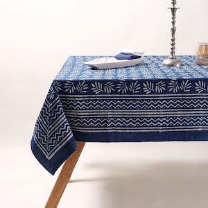 Mud Block Cotton Block Print Linen, Indian Indigo Dyed Blue Printed Table Cover Table Cloths, Block Printing Table Linen, Cotton Tablecover