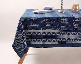 Indigo Dyed Blue Tablecloth, Indian Indigo Dyed Blue Printed Table Cover Table Cloths, Block Printing Table Linen, Dyed Wedding Tablecloth