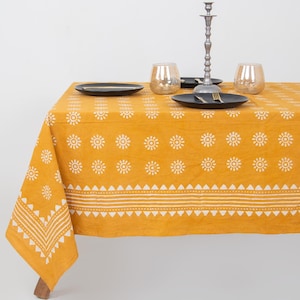 Yellow Mud Resist Block Printed Pure Cotton Hand Printed Farmhouse Kitchen Dining Tablecloth Event Home Decor Party Table Linen