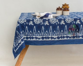 Cotton Floral Block Print Floral Indian Hand Block Printed Rectangle Tablecloth, Cotton Table Cover, Housewarming Gifts, Indigo Cloth