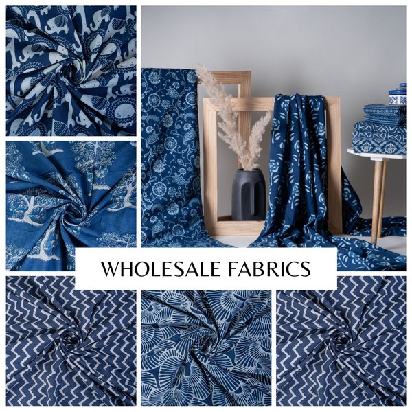 Custom Wholesale Lot Pure Indigo Blue Dyed Hand Block Print Block Printed Garment Fabric, Cloth Material Fabric, Hand Block Print Fabric #44