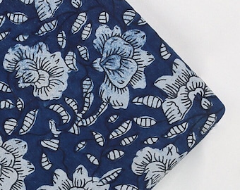 Fabric By The Yard Indigo Blue Cotton Fabric, Indian Block Printed Natural Vegetable Dye Sewing Fabric, Dabu Print Mud Resist Fabric IBF#339