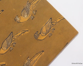 Bird Block Print Fabric 100% Cotton Indian Fabric, Golden Hand Printed Natural Vegetable Dye Soft Cotton Woman Dress Fabric By Yard KDF#013