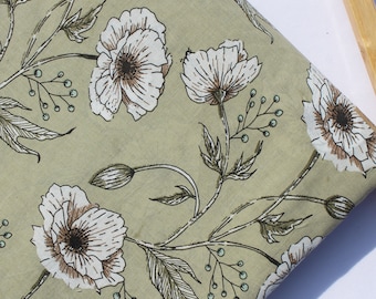 Floral Print Fabric By The Yard Indian Hand Block Printed Cotton Fabric, Sewing Clothing Fabric Quilting and Crafting Fabrics, HBF#134