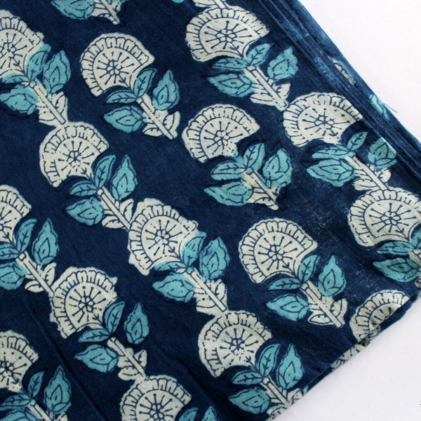 block Print Fabric By the yard Fabric 100% Cotton Fabric, Natural Vegetable Dyed Indigo Blue Dabu Fabric Light Weight Soft Fabric HBF#01-1