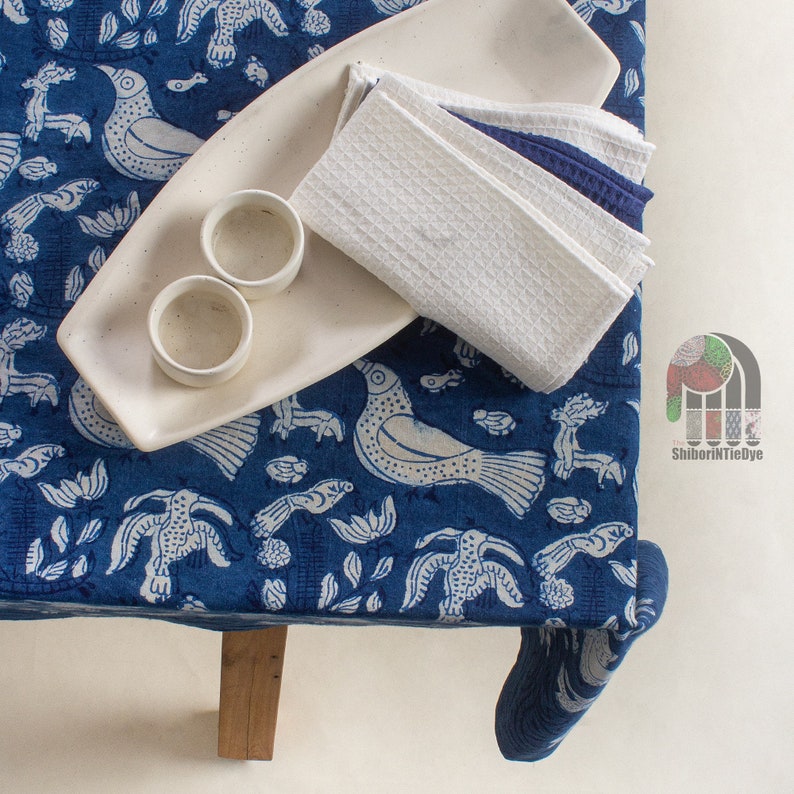 Indigo Fabric Bird Block Print Tablecloth Bird Hand Printed India ...