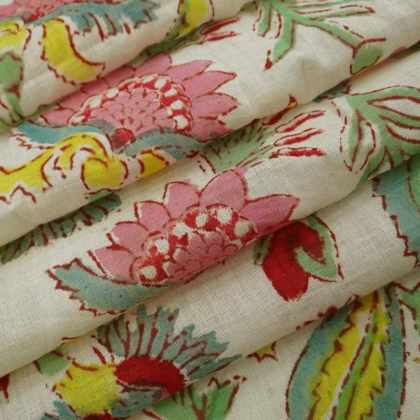 Flower Cotton Indian Fabric Summer Sewing Fabric Dressmaking Hand Printed Running Fabric, Floral Print Voile Fabric