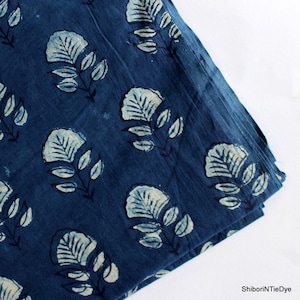 Indigo Fabric Block Print Fabric Hand Dyed Cotton Fabric Leaf Printed Blue Fabric, Dabu Mud Cloth Dressmaking Fabric By The Yard IBF#05