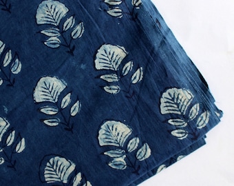 Indigo Fabric Block Print Fabric Hand Dyed Cotton Fabric Leaf Printed Blue Fabric, Dabu Mud Cloth Dressmaking Fabric By The Yard IBF#05