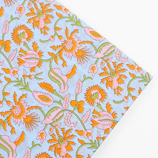 Floral Print Fabric By The Yard Indian Hand Block Printed Cotton Voile Fabric, Sewing Clothing Fabric Quilting and Crafting Fabric