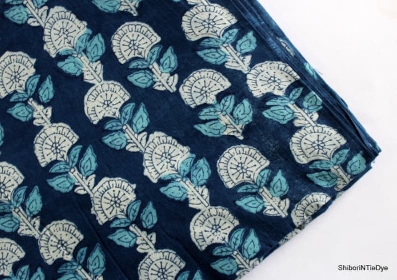 Floral printed cotton fabric, hand block print clothing fabric, kids dress making fabric, handmade fabric KDF014 Blue