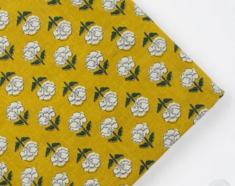 Yellow Floral Block Print Fabric 100% Cotton Indian Fabric, Golden Hand Printed Natural Vegetable Dye Soft Cotton Woman Dress Fabric KDF#88