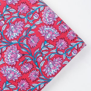 Pink Floral Bagru Block Print Fabric By The Yard Indian Cotton Fabric Hand Block Printed Dressmaking Kurti Running Fabric HBF#238