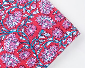 Pink Floral Bagru Block Print Fabric By The Yard Indian Cotton Fabric Hand Block Printed Dressmaking Kurti Running Fabric HBF#238