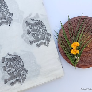 Elephant Print Fabric Block Print Fabric Grey Summer Sewing Fabric Hand Printed 100% Cotton Running Fabric, Lightweight Fabric HBF#076