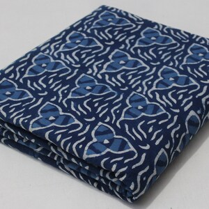 May include: A folded blue and white cotton fabric with a geometric pattern. The fabric is folded in thirds and has a white background with a blue pattern.