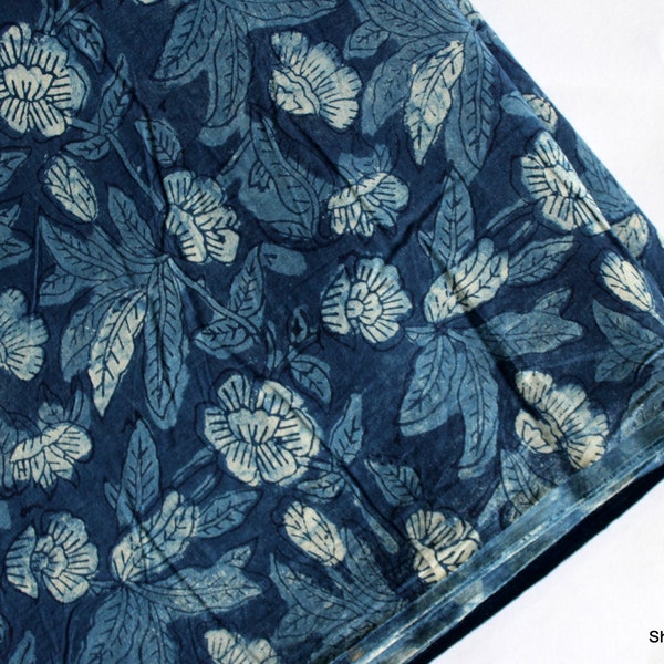 By The Yard Floral Print Fabric Indigo Blue Fabric, Indian Fabric, Cotton Fabric, Dabu Print, Mud Block Print, Light Weight Soft Fab IBF#06