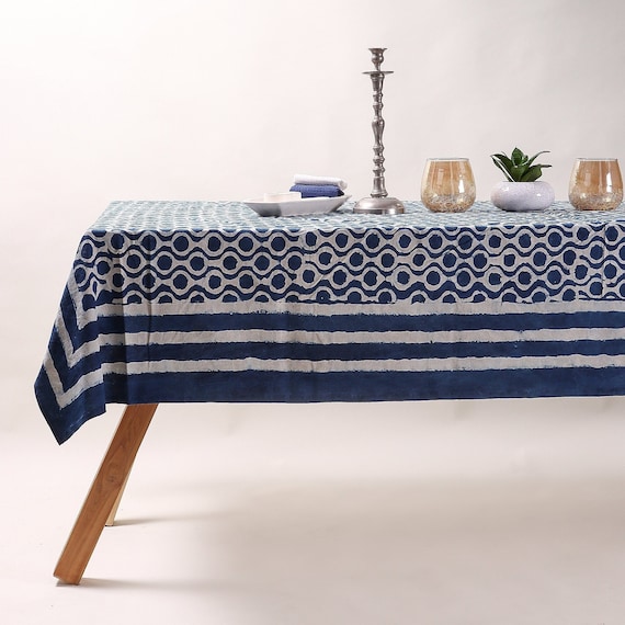 Indigo Dyed Blue Tablecloth, Indian Indigo Dyed Blue Printed Table Cover Table Cloths,Table Cloth Runner Mats Napkins Set , New Home Decor