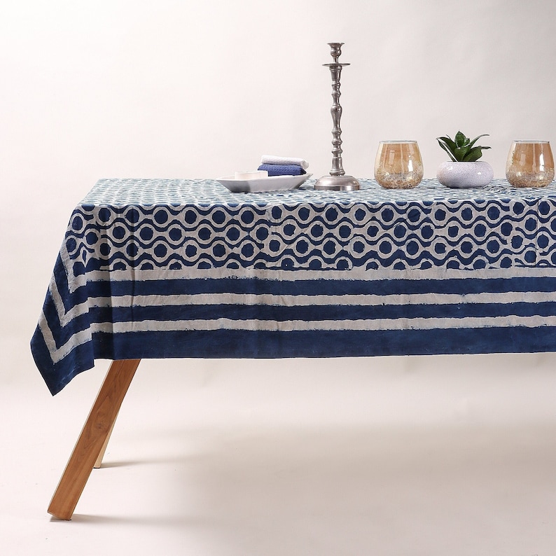 Indigo Dyed Blue Tablecloth, Indian Indigo Dyed Blue Printed Table Cover Table Cloths,Table Cloth Runner Mats Napkins Set , New Home Decor image 1
