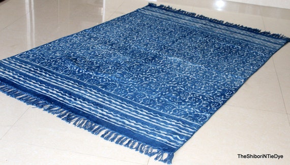 Indian Tie Dye Indigo Blue Abstract Design Floor Runner Cotton Carpet Area Rug