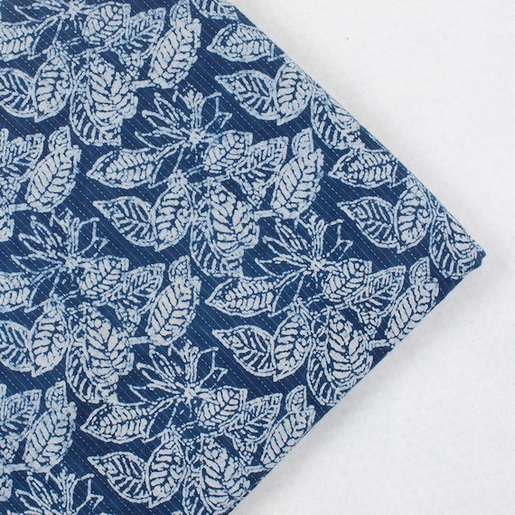 Leaf Print Cotton Indigo Blue Hand Dyed Kantha Doriya Print Running cotton fabric by the yard blue vegetable dyed cotton HFB#888
