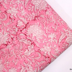 Tessuto rosa Tessuto di cotone stampato a blocchi tagliato su misura Tessuto morbido Tessuto leggero di colore naturale, tessuto indiano