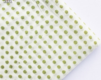 Green Polka Dot Fabric Hand Block Print Fabric, Indian Cotton Fabric, Natural Vegetable Dye Color Hand Stamped Printing Fabric